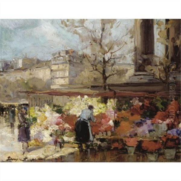 Flower Seller At La Madeleine, Paris Oil Painting by Georgi Alexandrovich Lapchine