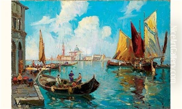 Gondoles A Venise Oil Painting by Georgi Alexandrovich Lapchine