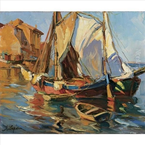 Boats In Martigues Oil Painting by Georgi Alexandrovich Lapchine