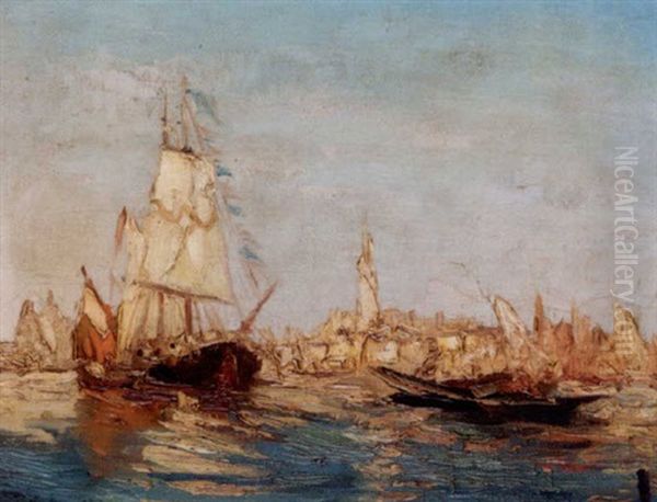 Boats On An Italian River Oil Painting by Georgi Alexandrovich Lapchine