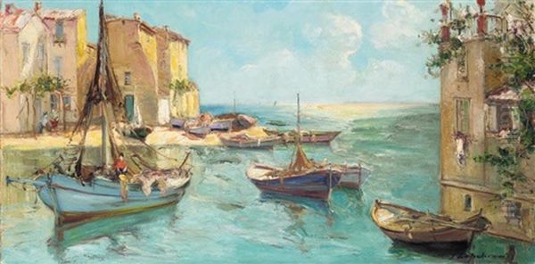 The Harbour At Martigues Oil Painting by Georgi Alexandrovich Lapchine