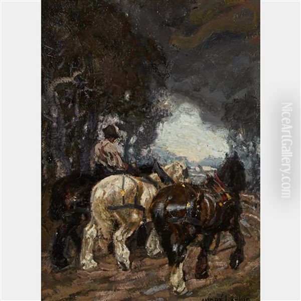Draught Horses Oil Painting by Andreas Christian Gottfried Lapine