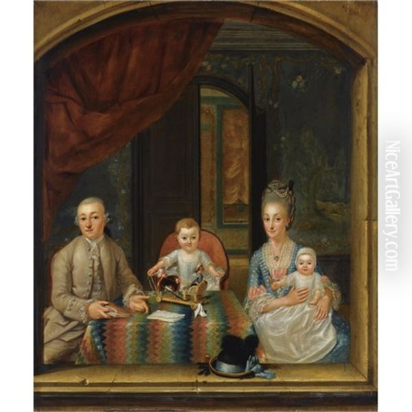 A Family Portrait Of A Gentleman And His Wife, With Their Two Children, Seated Around A Table In An Elegant Room, In Front Of A Window Oil Painting by Hieronymus Lapis