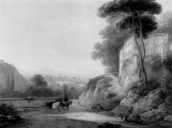 Drover With Cattle On A Path Outside A Mediterranean Town Oil Painting by George Henry Laporte