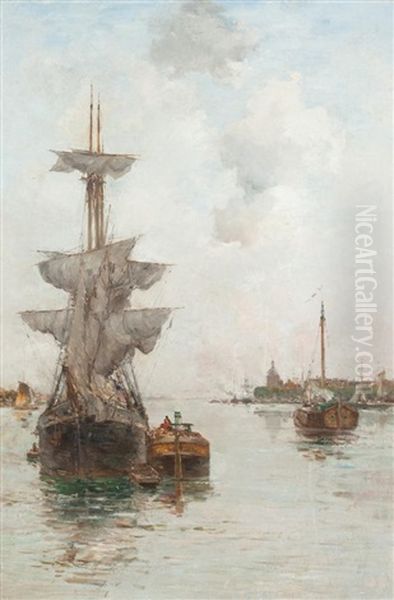 French Port Scene Oil Painting by Charles Lapostolet