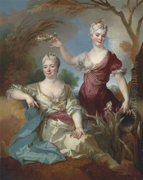 Portrait Of Baroness Le Leu D'aubilly, Full-length, In A White Dress With A Gold Trim And A Blue Wrap, And Her Daughter Madame De Guinaumont, Seated... Oil Painting by Nicolas de Largilliere