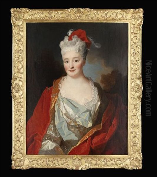 Portrait Of An Elegantly Dressed Lady In A Light Blue Dress And A Red Velvet Wrap, Wearing A Feathered Scarlet Bonnet, A Landscape Beyond Oil Painting by Nicolas de Largilliere