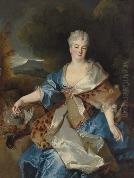 Portrait Of A Lady As Diana The Huntress, In A Blue Dress Oil Painting by Nicolas de Largilliere