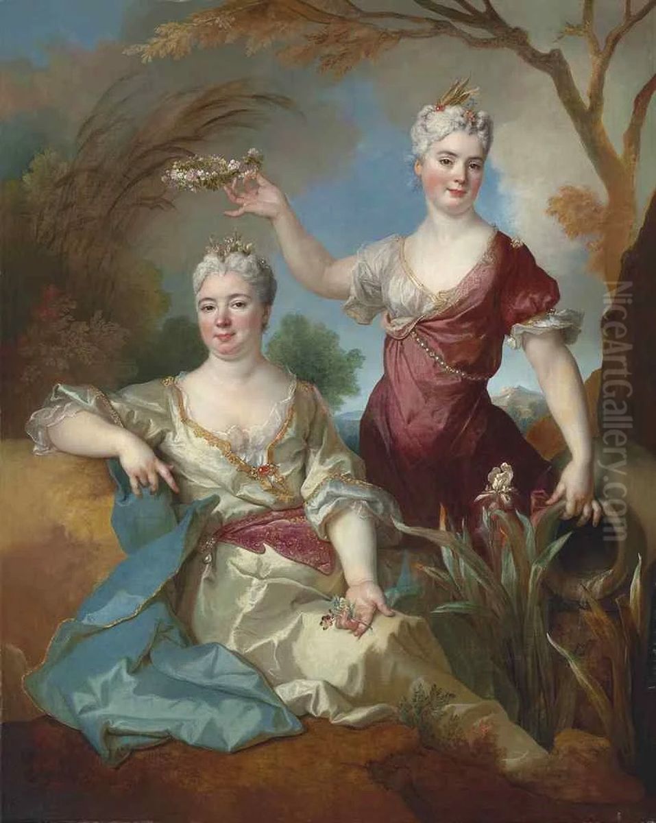 Portrait De La Baronne Le Leu D'aubilly Et De Sa Fille, Madame De Guinaumont Oil Painting by Nicolas de Largilliere