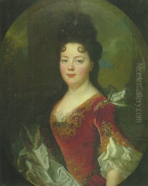 Bildnis Einer Dame In Dekolletiertem Gewand Mit Brokatstickerei Und Weissen Armeln Oil Painting by Nicolas de Largilliere