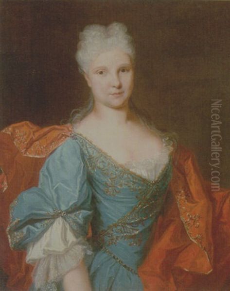 Portrait Of A Lady Wearing A Blue Embroidered Dress With A Scarlet Mantle Oil Painting by Nicolas de Largilliere