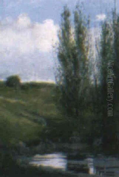 Paisaje Con  Lamos Y Laguna Oil Painting by Ernesto Laroche