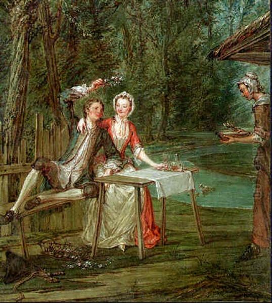 A Woodland Landscape With A Serving Maid And A Couple Drinking At A Table Oil Painting by Marcellus Laroon