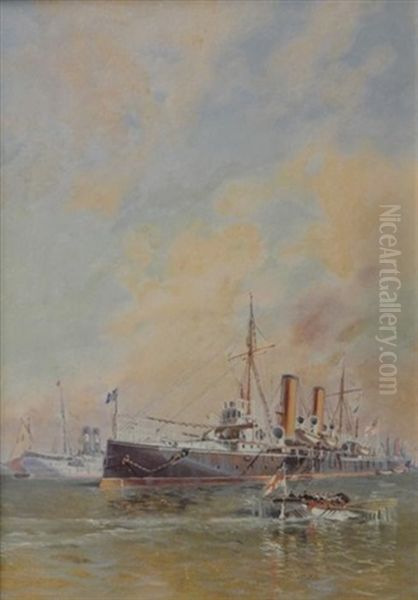 Marine Mit Dampfschiffen Oil Painting by Manuel Larravide