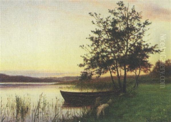 Landskab Med Robad Ved Bred Oil Painting by Adolph Larsen