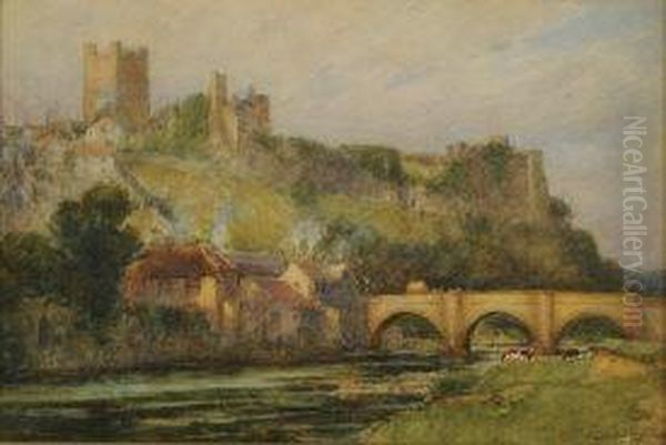 Richmond, North Yorkshire. The Castle And Town Viewedfrom The River Oil Painting by Arthur George Bell