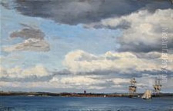 Seascape With Sailing Ships Off Helsingborg Oil Painting by Emanuel Larsen
