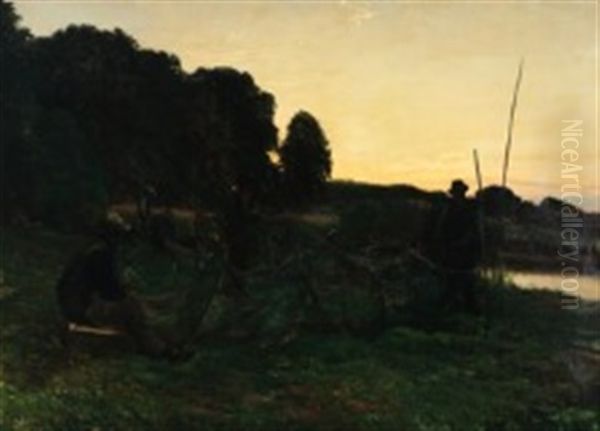 Landscape With Fishermen In The Sunset Oil Painting by Knud Larsen