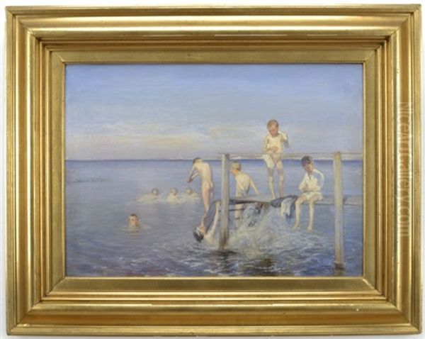 Badende Drenge Oil Painting by Knud Larsen