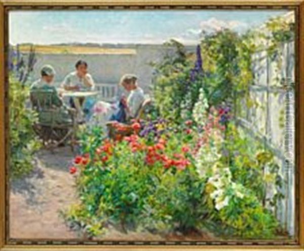 Summer Day With Flowers In Bloom In The Garden And Three Young Women Sewing Oil Painting by Knud Larsen