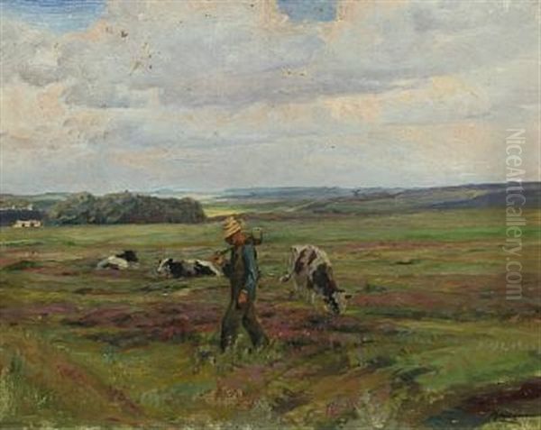 Heath Landscape With Cattle On Pasture Oil Painting by Knud Larsen