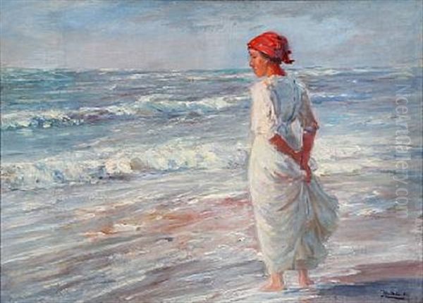 A Girl At The Beach Oil Painting by Knud Larsen