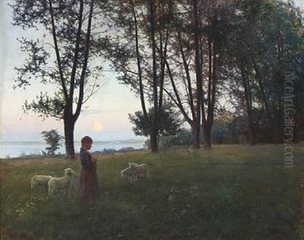 Sunset In A Forest Glade With A Young Girl And Sheep Oil Painting by Knud Larsen