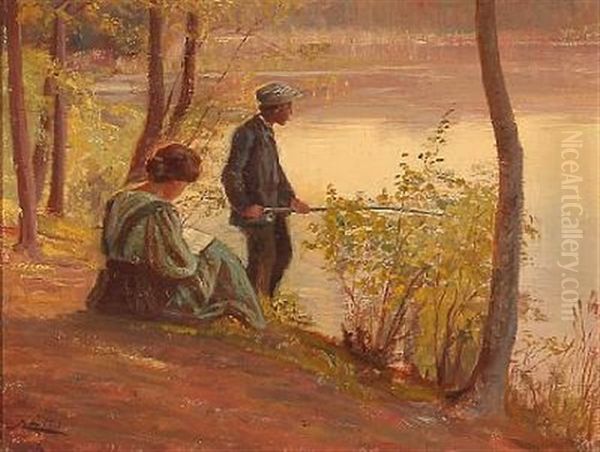 Young Couple At A Forest Lake Oil Painting by Knud Larsen
