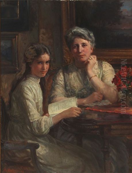 Double Portrait Of Mary Norgaard, Nee Logan, With Her Daughter Elsie Norgaard, Married Dybdal Oil Painting by Knud Larsen