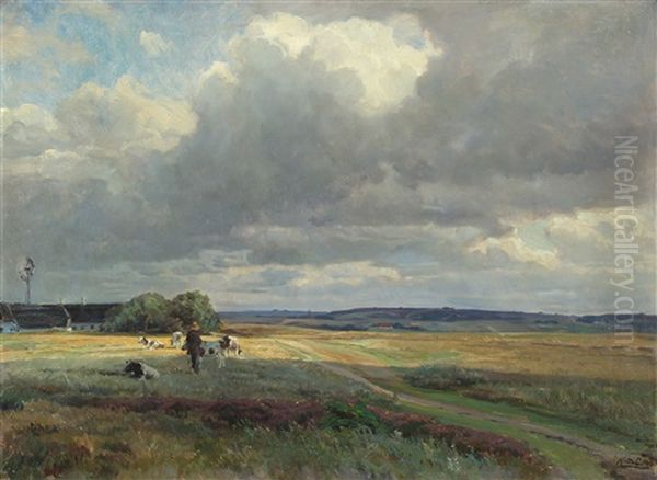 Landscape With A Farmer And Cows In The Field Oil Painting by Knud Larsen