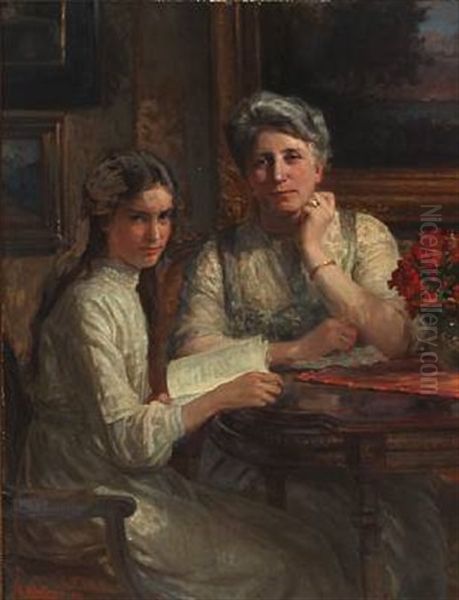Double Portrait Of Mary Norgaard, Nee Norgaard, With Her Daughter Elsie Norgaard, Married Dybdal Oil Painting by Knud Larsen