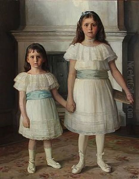 Portraits Of The Sisters Ida And Elise Dybdal Oil Painting by Knud Larsen