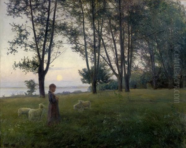 Abendstimmung An Einem See Mit Madchen Und Schafen Oil Painting by Knud Larsen