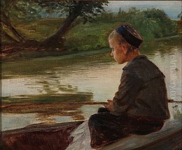 A Young Boy Fishing Oil Painting by Knud Larsen