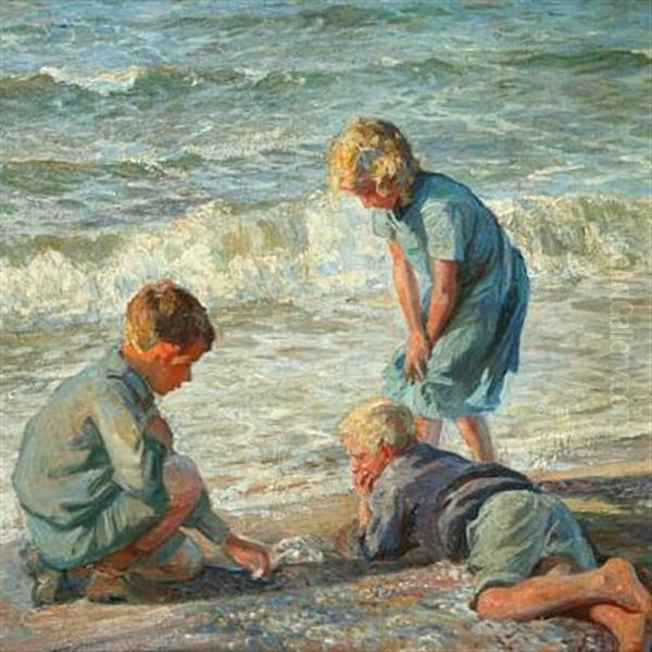 Playing Children On The Beach Oil Painting by Knud Larsen