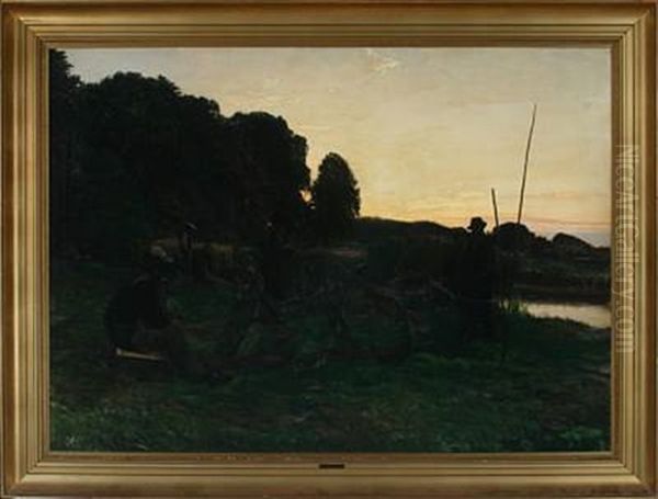 Landscape With Fishermen In The Sunset Oil Painting by Knud Larsen