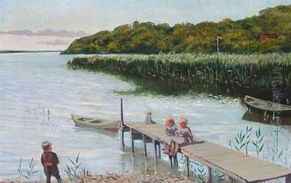 Smaborn Ved En Badebro Oil Painting by Knud Larsen