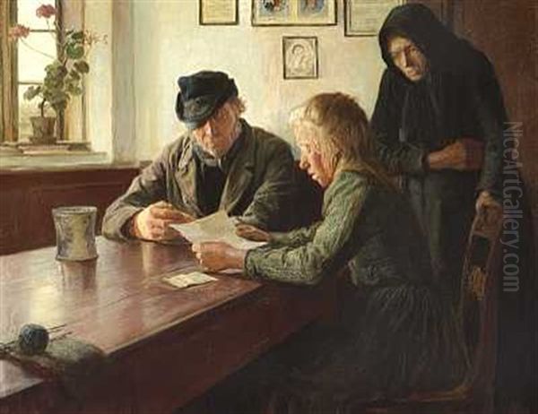Interior Med Familie Omkring Et Bord, Datteren Laeser Op Af Et Brev Oil Painting by Knud Larsen