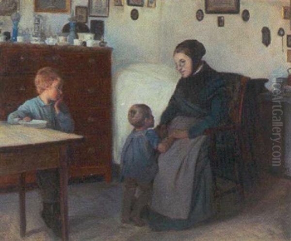 Stueinterior Med Bedstemor Og To Born Oil Painting by Knud Larsen