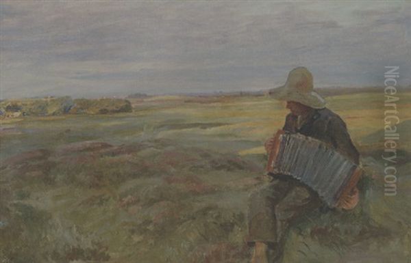 En Bondeknos Spiller Pa Harmonika I Hedelandskab (brovandene Syd For Skagen?) Oil Painting by Knud Larsen