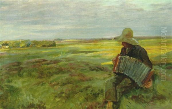 En Bondeknos Spiller Pa Harmonika I Hedelandskab Oil Painting by Knud Larsen