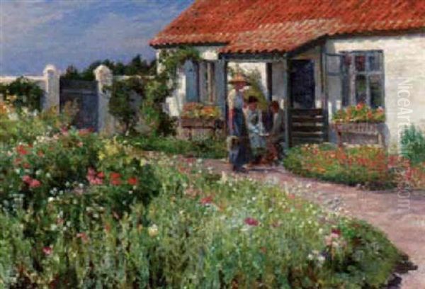 Figures Near A Cottage On A Summer's Day Oil Painting by Knud Larsen