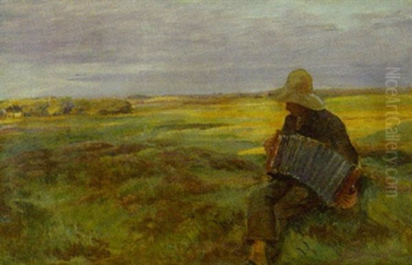 Landskab Med Harmonikaspillende Dreng Oil Painting by Knud Larsen
