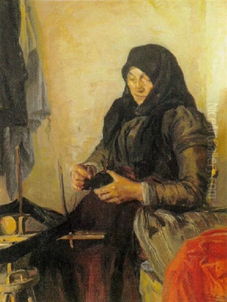 Interior Med Kone Ved Vaev Oil Painting by Knud Larsen