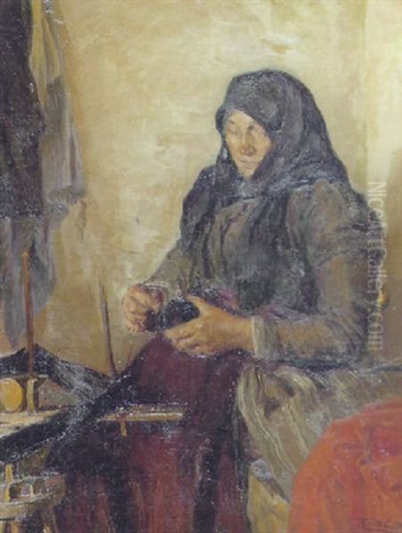 En Kone I Faerd Med At Vinde Garn Oil Painting by Knud Larsen