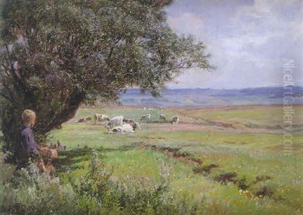 Cattle In A Meadow Oil Painting by Knud Larsen