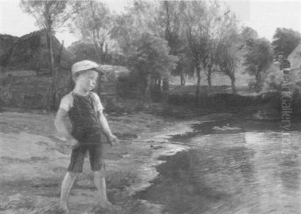 The Young Angler Oil Painting by Knud Larsen