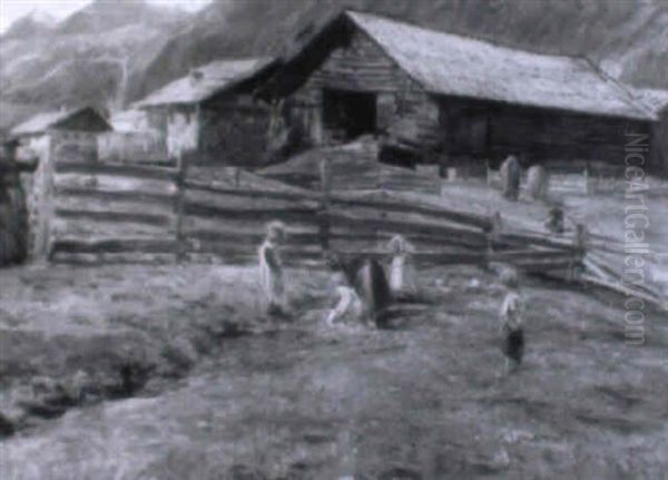 Spielende Kinder Vor Einem Tiroler Dorf Oil Painting by Knud Larsen