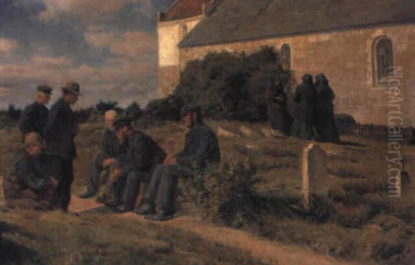 En Formiddagspassiar Foran Landsbykirken Oil Painting by Knud Larsen