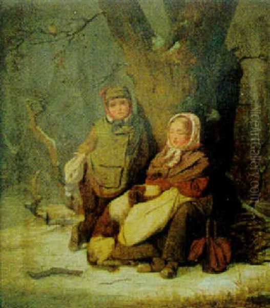 Pojke Och Flicka Med Hund Oil Painting by Peter Julius Larsen